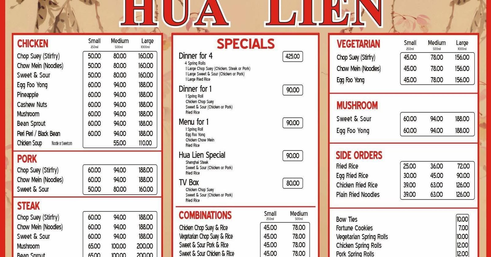 Hua Lien Chinese Take-Aways printed menu with prices